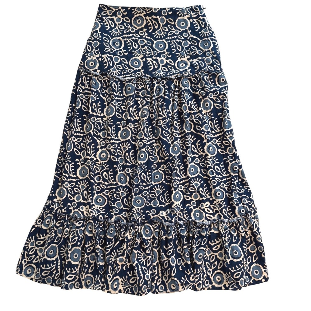 Luna Moon Navy Blue Cream Floral Block Print Tiered Full Maxi Skirt Bohemian M